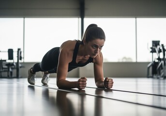 Low angle view of a fit woman holding a difficult elbow plank position during intense core workout.