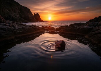 Tranquil woman floating in a dark coastal rock pool during a dramatic ocean sunset