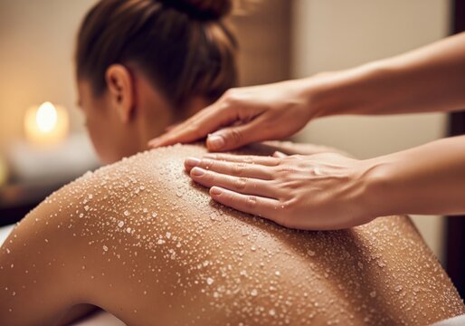 Therapist hands applying exfoliating salt scrub to a woman back in a luxury spa setting - Powered by Adobe