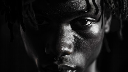 Dramatic half-lit close-up portrait with intense eyes and strong texture