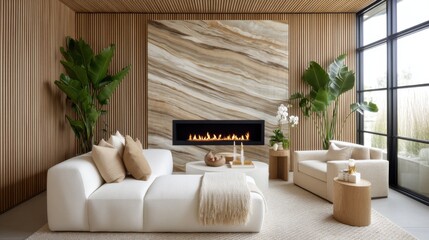 Modern living room design with marble fireplace interior space home decor cozy atmosphere interior view stylish aesthetics