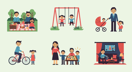 Family Enjoying Various Activities Together in Cartoon Illustrations.