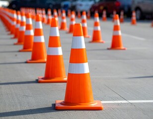 Orange traffic cones in rows on a gray surface with white lane lines