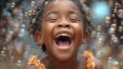 A child laughs with delight as bubbles float around creating a magical atmosphere. The scene captures pure joy during a warm day outside filled with playful energy.