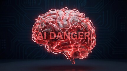 Abstract AI Danger: Neural Network Entangled in Red Digital Chains, Mind Control Concept