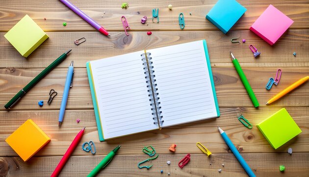 Colorful Office Supplies Flat Lay with Notebook and Sticky Notes on Wooden Table - Powered by Adobe