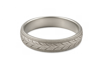 Silver wedding band with intricate engraved leaf pattern, symbolizing enduring love, commitment, and marriage, transparent background