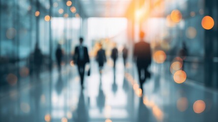 Groups of business professionals are walking through a bright modern office lobby. The space is bustling with activity and reflection on the polished floors.