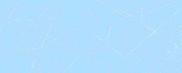Scratch ice surface texture. Light blue icy background with skate traces, cracks, scratches. Rough winter sport rink backdrop. Frozen lake or pond water wallpaper with dots, spot and lines. Vector