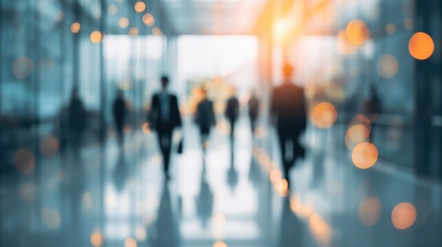Groups of business professionals are walking through a bright modern office lobby. The space is bustling with activity and reflection on the polished floors. - Powered by Adobe