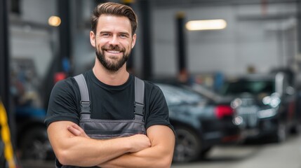 A mechanic smiles while standing with arms crossed in a busy workshop filled with vehicles. He represents skilled automotive work and dedication to service in the repair industry.