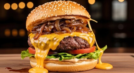A juicy burger with melted cheese, lettuce, tomato, and onions on a sesame seed bun.