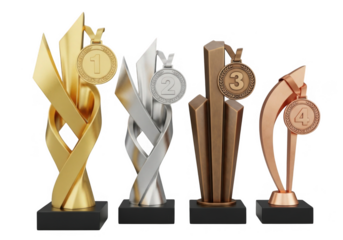 Set of gold silver bronze and copper trophies with medals isolated on transparent background for award ceremonies and competitions