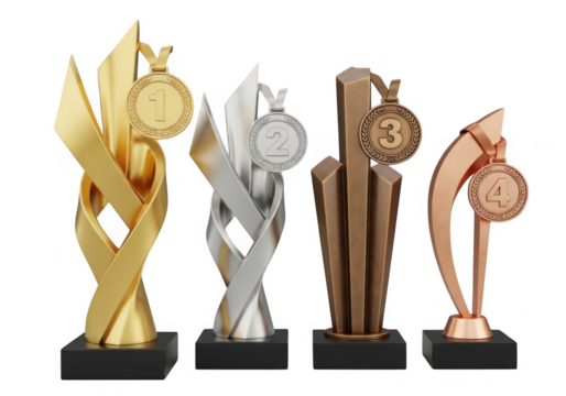 Set of gold silver bronze and copper trophies with medals isolated on transparent background for award ceremonies and competitions