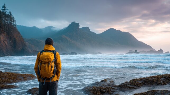 At a rugged coastline in Oregon a man wearing a bright yellow jacket gazes out over the waves. The sun sets behind the mountains casting a warm glow on the scene.