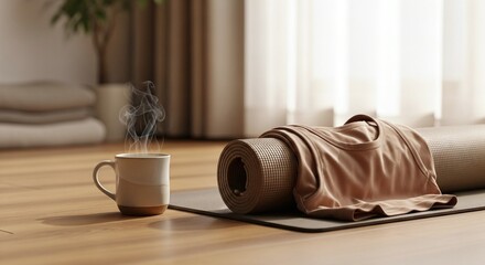 Steaming Coffee Mug Next to Rolled Yoga Mat and T-shirt for Wellness, Exercise, and Relaxation