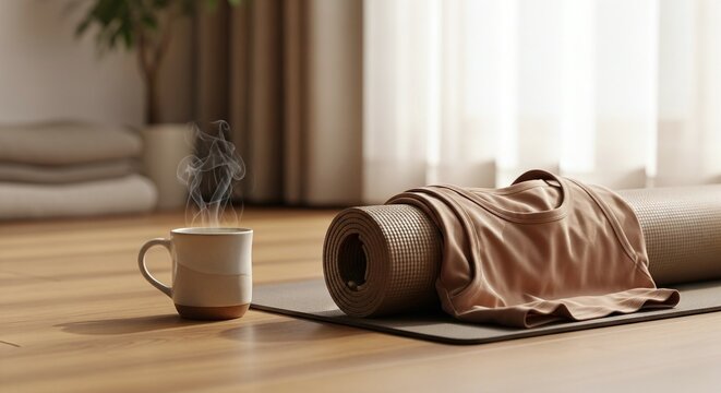 Steaming Coffee Mug Next to Rolled Yoga Mat and T-shirt for Wellness, Exercise, and Relaxation - Powered by Adobe