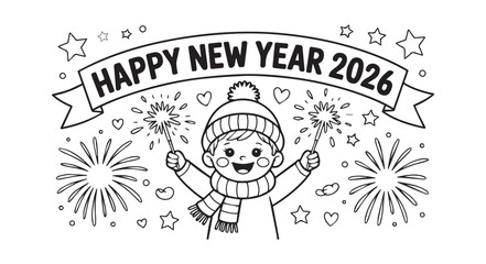 Happy new year 2026 coloring page with cute child holding sparklers and fireworks illustrations vectors