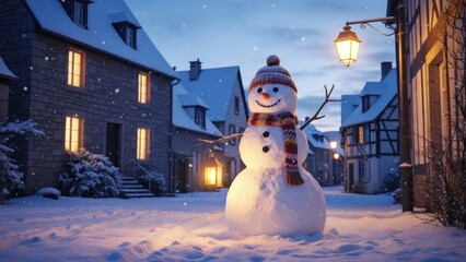 Charming snowman stands in snowy village street at dusk