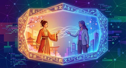 Illustration of language translation and cultural exchange between two women surrounded by global language characters in a neon frame