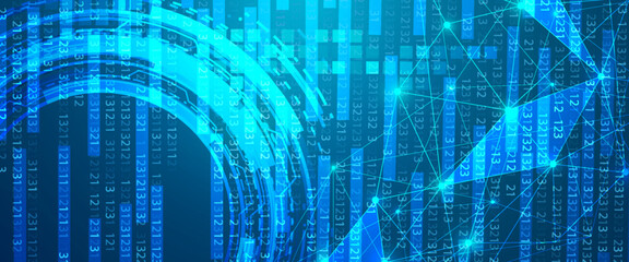 Vector illustration. Futuristic digital background with glowing binary code. Abstract tech design featuring data streams, encryption, and cyberspace elements. Design for web, security, and programming