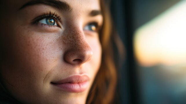 solopreneur lifestyle concept. Close-up portrait of a young woman with freckles and thoughtful expression.