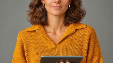 solopreneur lifestyle concept. Confident woman holding a tablet, wearing a stylish golden shirt.