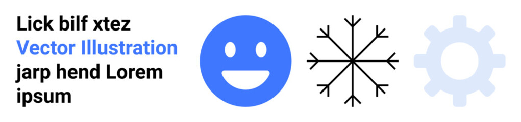 Digital communication, winter , system mechanics, user interface, design concepts, social media icons. Blue happy, black snowflake and gray gear in minimalist flat style. Digital communication