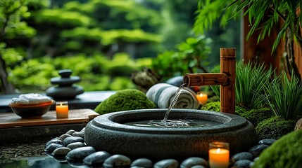 Beautiful zen Japanese garden spa with bamboo water flow 