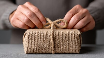 solopreneur lifestyle concept. Gift-wrapping hands tying a bow on a rustic package.