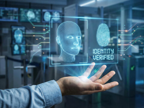 Holographic biometric identity verification with face and fingerprint scan - Powered by Adobe