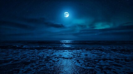 Ocean sea waves and water in the night blue sky Moon light