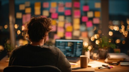 solopreneur lifestyle concept. Person working late with sticky notes and laptop in evening light.