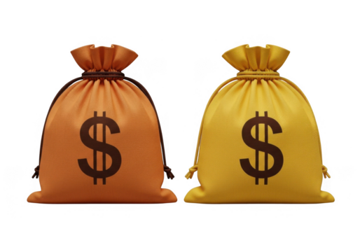 Two money bags with dollar signs isolated on transparent background for finance and wealth concepts
