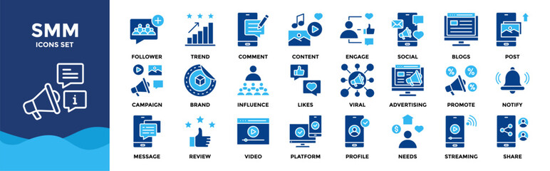 SMM icon set collection. pack contain content, post, share, trend, viral, comment, likes, follower, story, engage icon
