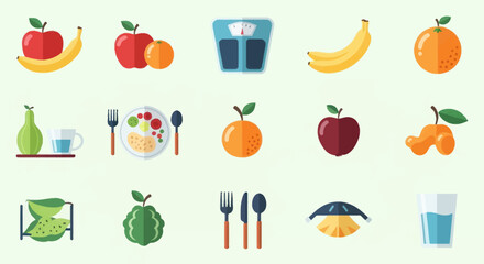 Colorful Assortment of Fresh Fruits and Healthy Food Icons.