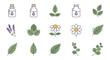 Collection of Natural Ingredient and Essential Oil Icons with Herbs and Bottles.
