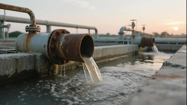 Water flowing from rusty pipes at a water treatment facility during sunset.