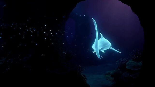Glowing Thresher Shark Swimming in Dark Ocean Depths, Underwater Scene