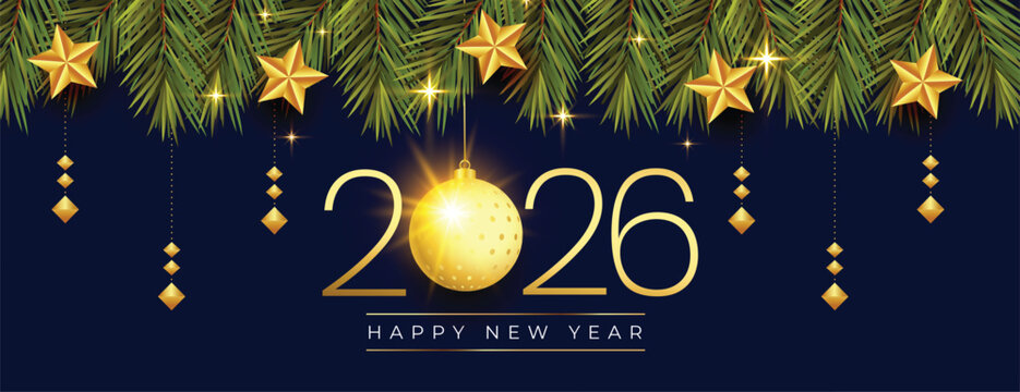 2026 new year bauble banner with xmas star and fir levees decoration
