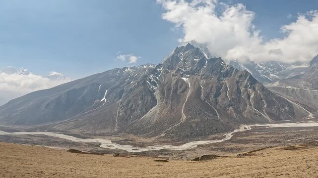 The landscape in Sagarmatha national park on the way from Dingboche village to Lobuche village in Nepal.