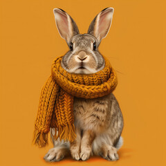 A cute fluffy bunny wearing a warm knitted scarf on a bright orange background