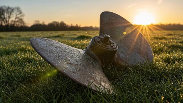 Old boat propeller rests in dewy grass at sunrise, creating a serene scene.