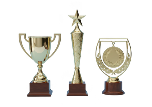 Golden trophies and medal isolated on transparent background for awards and recognition