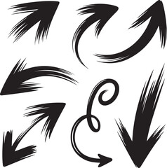 Hand-drawn brush stroke arrow collection. Set of dynamic sketchy pointers.