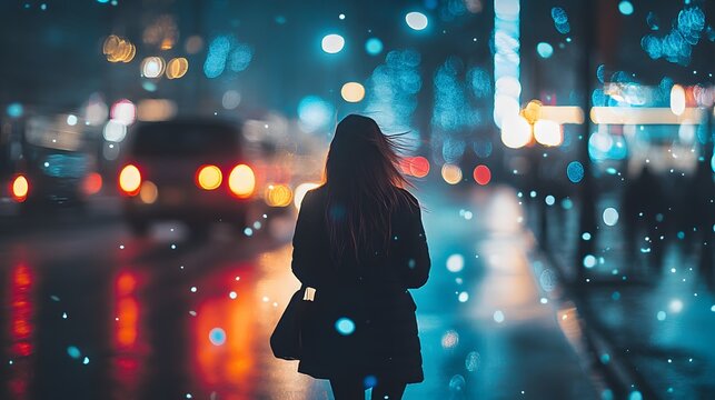 Woman walking alone in the city at night, snow falling around her.