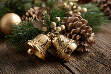Charming golden Christmas bells and pine cones on rustic wood, perfect for festive holiday designs and warm seasonal greetings, evoking cozy cheer