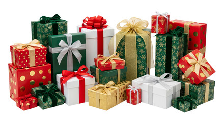 Abundant assortment of festive christmas gifts wrapped in red green and gold