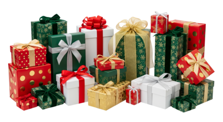 Abundant assortment of festive christmas gifts wrapped in red green and gold