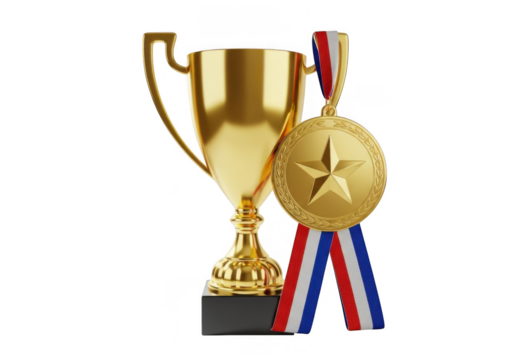 Golden trophy and medal isolated on transparent background for achievement and success